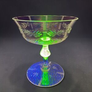 Vintage Uranium Glass Etched Laurel Leaf Champagne Coupe Vaseline Stem Cup READ